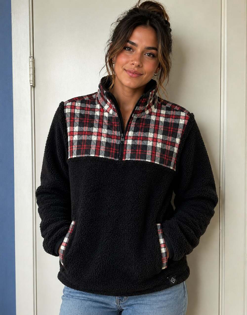 Vera Bradley Black Teddy Fleece Quilted Plaid Quarter-Zip Pullover